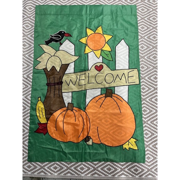 Welcome House Flag Banner Green/ Orange Fall Autumn 40x 27 Two‎ Sided Design - Picture 1 of 4